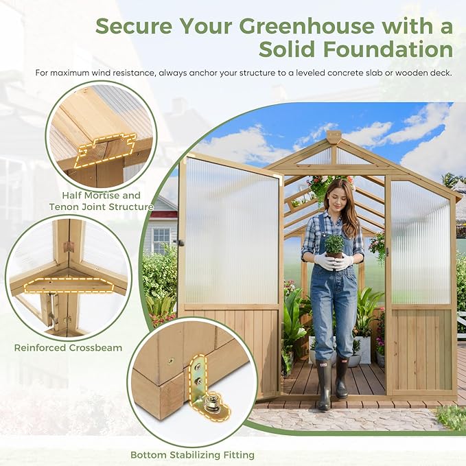 HUSFU 6x8x6.5 FT Wooden Greenhouse, Easy Assembly Thick Solid Cedar Frame Polycarbonate Greenhouse for Outdoors w/ Adjustable Roof, Lockable Door, Walk-in Green House for Outside Backyard Garden