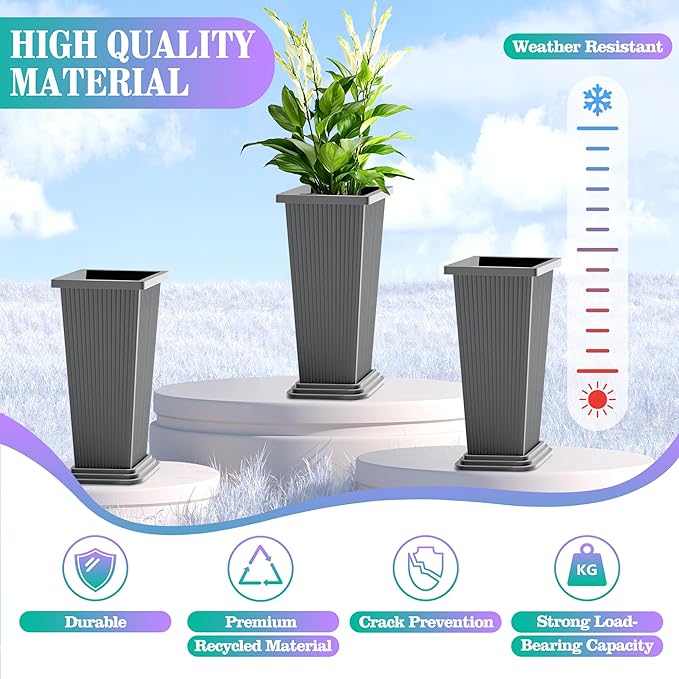 TUYOHW 24 Inch Tall Tapered Square Planters (Set of 2) - Indoor Outdoor Large Flower Pots with Built-in Drainage & Matching Water Tray for Patio, Garden, Home - Gray