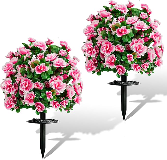 AZXVT Artificial Flowers for Outdoors, Faux Outdoor Plants Fake Plants Topiary Balls Artificial Outdoor Set of 2 with Ground Spike for Home Front Porch Patio Garden Decor (Pink)