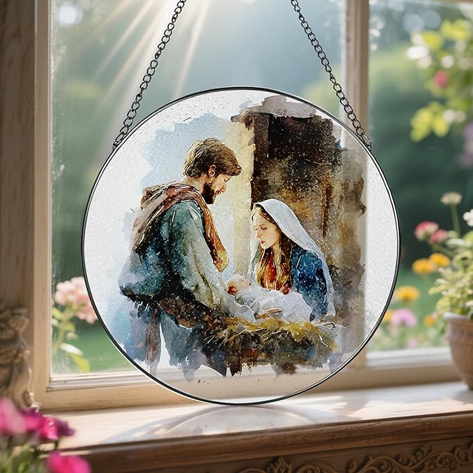 Stained Glass Suncatcher, Sun Catcher Window Indoor, Religious Ornament; Stained Glass Window Hanging, Nativity Scene Christmas Decor, Christian Home Decor; Christian Gifts, Religious Gifts