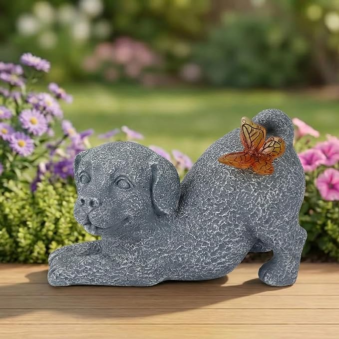 LEWOME Solar Dog Statue with Butterfly Light, Outdoor Puppy Resin Garden Figurine for Patio Yard Lawn, Pet Memorial Gift for Dog Lovers.