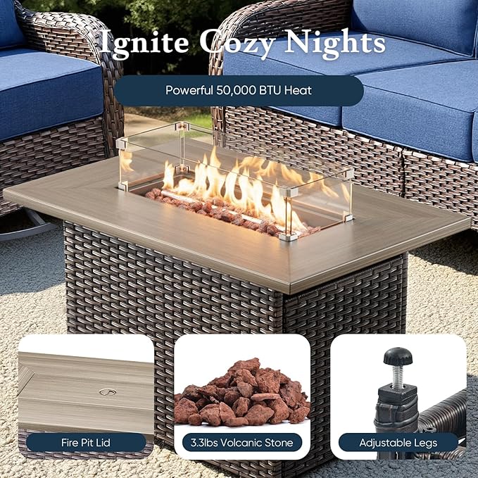 Belord Luxury 6" Thick Cushioned 5 Pieces Patio Furniture Set with Fire Pit Table, Wicker Outdoor Conversation Set with High Back Swivel Rocker Chairs for Deck Porch Yard and Poolside - Brown+Blue