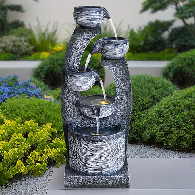 Qingyinge 33' H Modern Outdoor Fountain Resin Outdoor Garden Fountains with Contemporary Design LED Light for Garden, Patio, Deck, Porch, Backyard and Home Art Decor