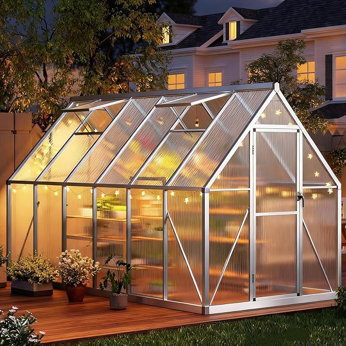 GAOMON 6x11 FT Outdoor Greenhouse with Roof Vent, Heavy Duty Aluminum Polycarbonate Greenhouses, Easy Assembly, Lockable Door, Large Walk-in Greenhouse for Patio, Backyard, Garden