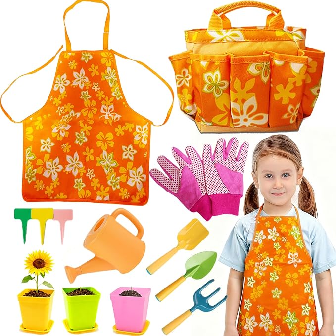 Hummigoo Kids Gardening Tools Set, 13 Pcs Gardening Kit with Apron & Tote Bag, Outdoor STEM Toys, Gardening Gifts for Toddlers Ages 3-7