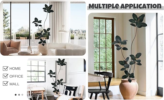 Artificial Rubber Tree 6FT with 33 Glossy Leaves & 5 Heads & Black Pot Cover with Coconut Fiber Realistic Tall Large Faux Tropical Ficus Elastica Plant 72 Inch for Indoor Home Modern Decor
