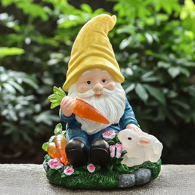 Solar Garden Outdoor Statues Gnome Feeding Rabbit with 6 LED Lawn Decor Outside Decorations for Patio, Balcony, Yard Ornament Unique Garden Gift