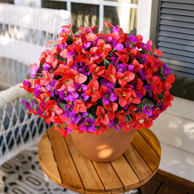Artificial Faux Flowers for Outdoors Spring Summer Outside Decor, 4 Bundles Fake Silk Bougainvillea UV Resistant Look Real Faux Plants for Planter Patio Porch Window Garden Home Decoration, RedPurple
