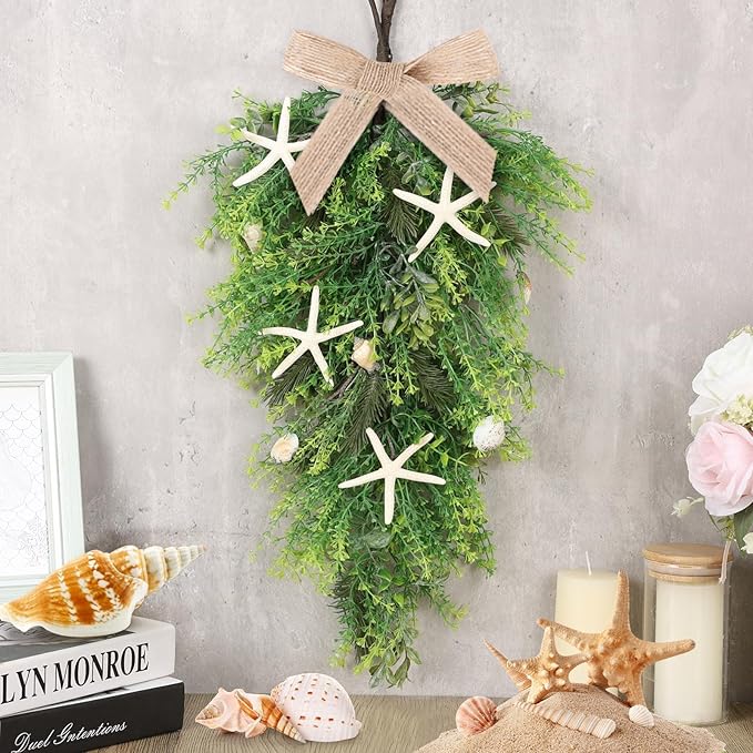 2 Pcs 24"Seashell Starfish Teardrop Swag Wreath with Green Leaves for Front Door Wedding Rustic Farmhouse Costal Starfish Conch Shells Wreath for Indoor Outdoor Spring Summer All Seasons Home Decor ﻿