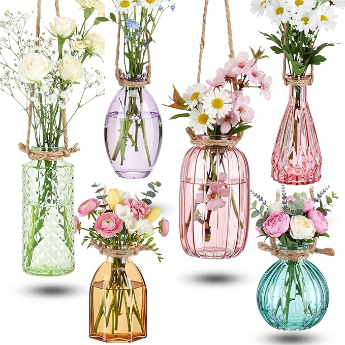 Teecyhooo 6 Pcs Stained Glass Hanging Vases Colorful Glass Terrariums with Rope Small Hanging Planters Pot Containers for Air Plants Flowers Garden Home Wedding Decor(Colorful Series)