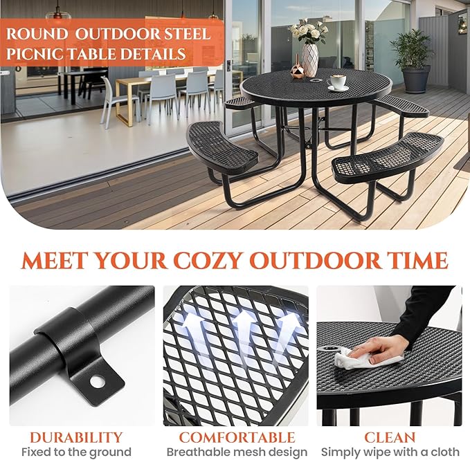 46" Round Top Outdoor Picnic Table Set for Up to 8 Persons, Outside Table Set with 4 Built-in Benches, Metal Commercial-Grade Dining Furniture with Umbrella Hole for Garden, Backyard, Porch, Patio