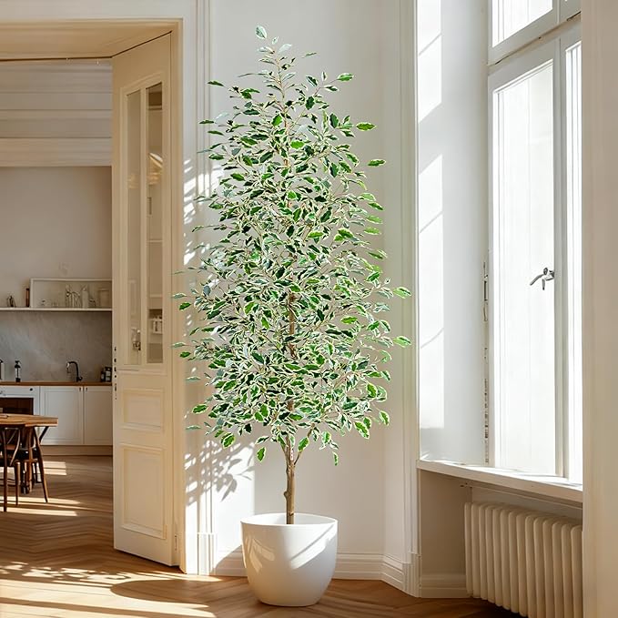 7FT Artificial Ficus Trees Indoor Faux Trees Indoor Fake Floor Plants Tall Artificial Tree with White Pot Faux Tree Fake Indoor Tree Silk Plants Artificial Trees for Home Decor Indoor