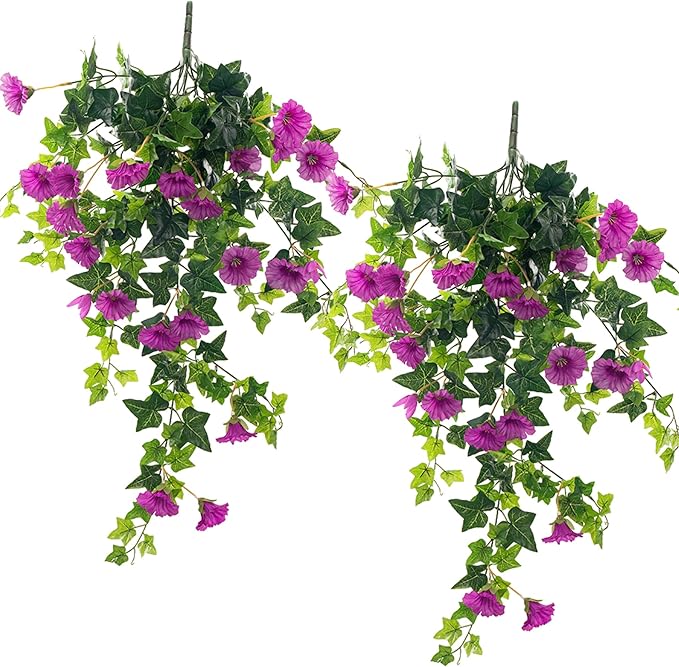 Ttranewsoo Artificial Flowers Faux Outdoor Plants Artificial Petunias for Outdoors Uv Resistant Fake Petunias Plants Hanging Flower Patio Decor Outside Basket Realistic Silk Plant No Pot(Purple 2pcs)