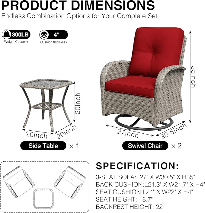 Joyside Outdoor Swivel Rocker Chairs, 3 Piece Wicker Patio Set with Thickened Cushions, High Back, Deep Seating, Wide Armrest, Outdoor Swivel Chairs for Porch, Deck