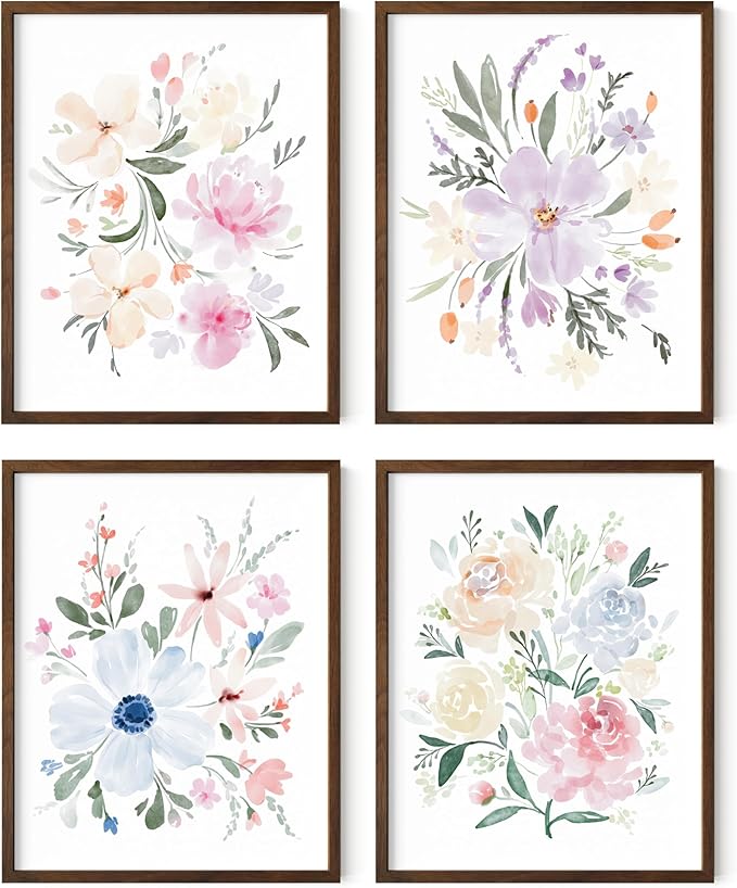 HAUS AND HUES Botanical Prints - Set of 4 Floral Wall Decor, Botanical Flower Pictures (Walnut Frame, 11x14)