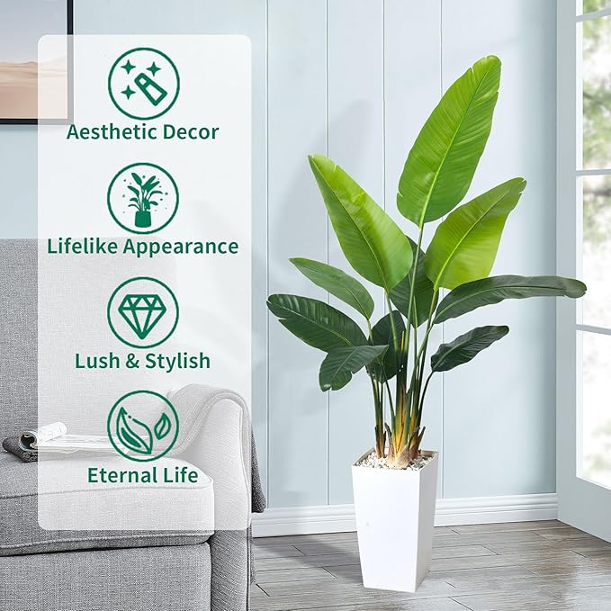 HAIHONG Bird of Paradise Artificial Plant 6FT, Faux Tropical Palm Tree with White Tall Planter, Large Fake Plants in Pot - Artificial Tree for Home Office Living Room Decor Indoor