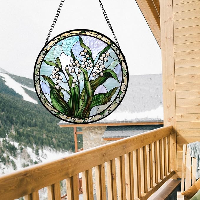 AMDERVEN Stained Glass Window Hanging, White Green Lily of The Walley Flowers Sun Catcher for Door Home Decor Plants Suncatcher Christmas Mother's Day Birthday Gifts for Women Men Mom Nana 7.8 in