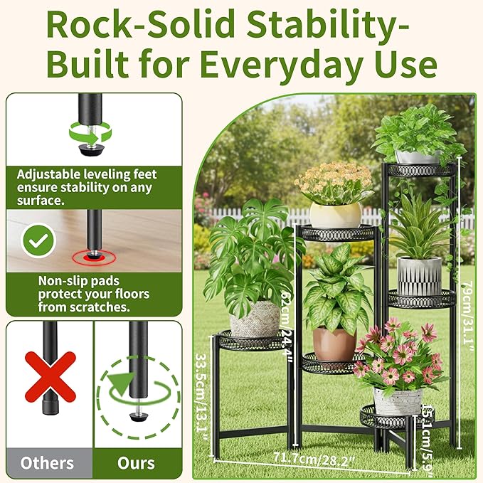 NQW 6 Tier Large Plant Stand Indoor with 7.9-Inch Wide Drainage Tray, Tiered Corner Metal Outdoor Flower Display Holder Shelf, Folding Tall Rack for House Patio Porch Balcony Graden - BlackFlower