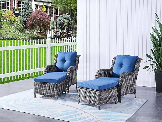 HUMMUH 4 Pieces Patio Bistro Set Wicker Patio Chairs Set of 2 with Ottomans Rattan Outdoor Furniture Conversation Set for Yard,Garden,Porch…