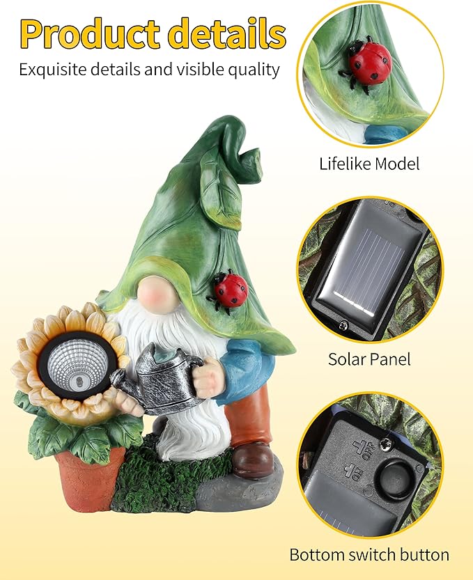 iStatue Large Solar Garden Gnome Figurines Lights - 12 in Tall Hand-Painted Statue for Outdoor Patio Decor, Lawn Ornaments, Yard and Balcony Housewarming Gifts (12'' Gnome)