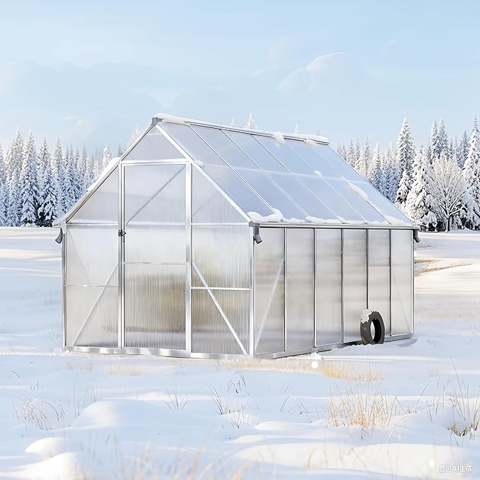 8x12ft Outdoor Greenhouse, Green Houses for Outside Walk-in Kit with Roof Vent, Polycarbonate Greenhouse for Winter & All Season Use, Heavy Duty Aluminum Frame