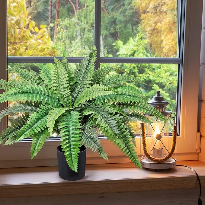 FineCheer Fake Ferns Potted Plant Faux Boston Bush in Pot Artificial Greenery Fern Plant for Spring Summer Patio Garden Farmhouse Windowsill Entrance Porch Office Living Room Decor(34 Leaves)