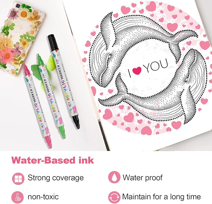 KEMYR 12 Colors Acrylic Paint Pens, Dual Tip Acrylic Paint Markers for Paper, Wood, Canvas, Stone, Rock Painting, Glass, Fabric, DIY, Ceramic, Art Supplies for Adults Drawing (Dot + Fine)