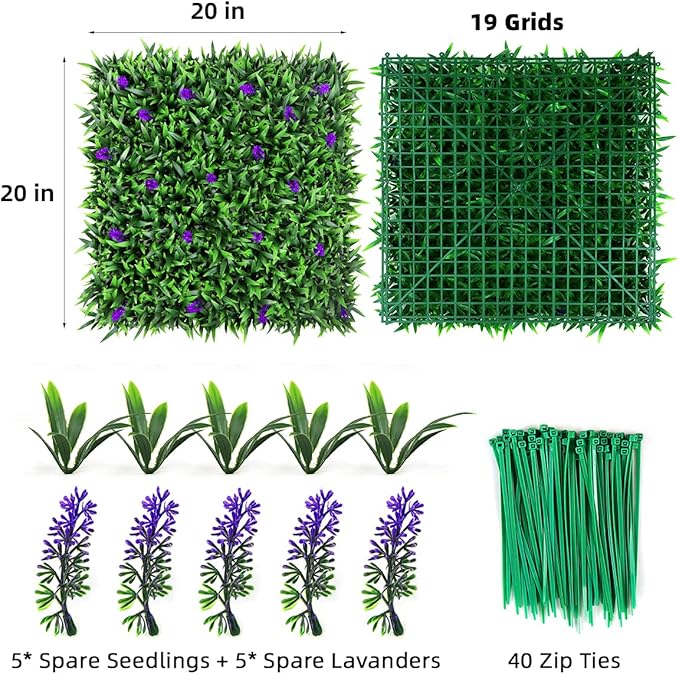 Easnwllim Artificial Grass Wall 12PCS 20" X 20" Lavender Flowers Topiary Hedge Plant Grass Backdrop Wall Greenery Panels for Indoor Outdoor Privacy Fence Home Decor(Seedling Grass)