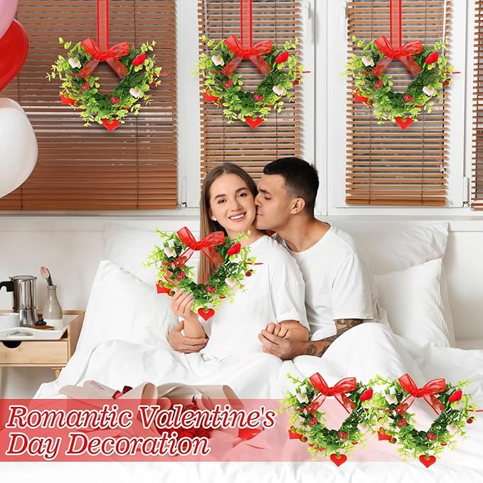 4 Sets Valentine's Day Heart Wreath Artificial Red Berries Heart Swag Kitchen Cabinet Wreaths Hanging Valentines Day Wreaths for Front Door Window Wedding Birthday Home Decoration