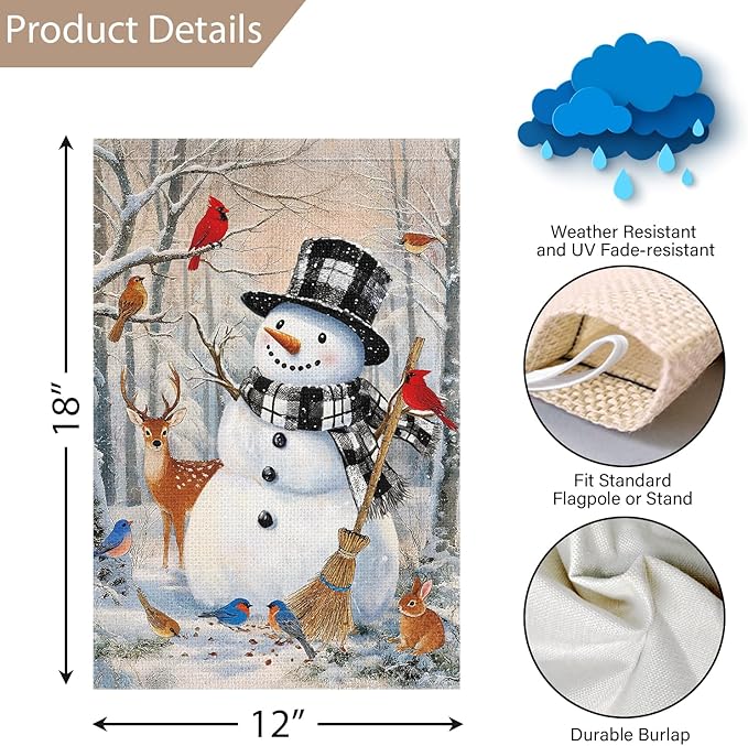 Louise Maelys Winter Garden Flag Snowman Cardinal Deer Rabbit 12x18 Inch Double Sided Welcome Christmas Xmas Holiday Seasonal Plaid Small Burlap Yard Sign Outside Outdoor House Decor