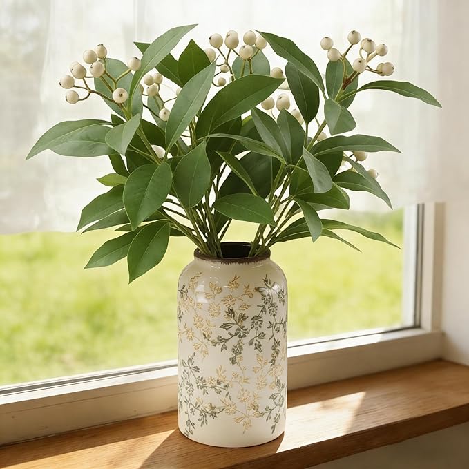 3 Pcs Artificial Greenery Plants, 18" Fake Green Plants Stems with White Berry Faux Leaves Branches for Table Fireplace Cabinet Livingroom Kitchen Festivals Home Party Wedding Decor (Green)