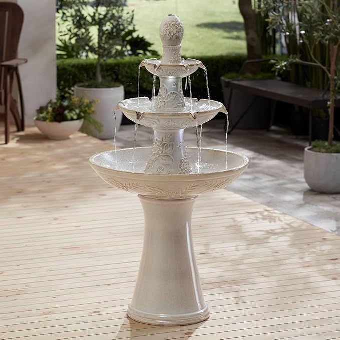 Formentera 45" High Large Italian Outdoor Decor Ceramic Floor Fountain with Light LED Waterfall 3-Tier Standing Basin Water Feature for Outside Garden Patio Yard Backyard Porch - John Timberland