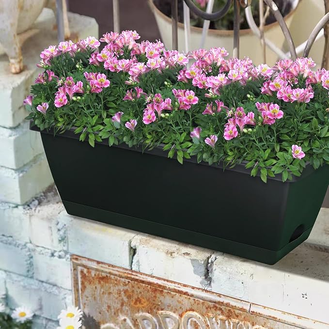 CHUKEMAOYI Window Box Planter, 10 Pack Plastic Vegetable Flower Planters Boxes 17 Inches Rectangular Flower Pots with Saucers for Indoor Outdoor Garden, Patio, Home Decor (Black)