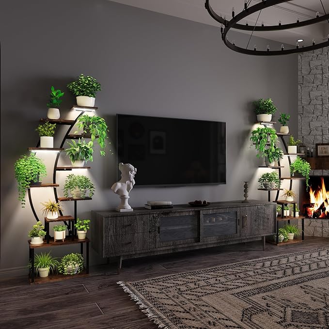 ROOMTEC Plant Stand Indoor with Grow Lights, 9 Tiered Indoor Plant Stand, 63" Metal Plant Shelf, Tall Plant Stands Indoor Multiple Stands for Living Room, Patio, 2PCS