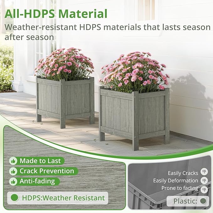 LUE BONA Outdoor Plant Pots, 13.7" x 12.5" x 14.5" Flower Pots with Drainage Holes, Outdoor Planters Boxes for Outdoor Plants - Porch Patio, Garden or Entryway, Light Gray-Oil Printed