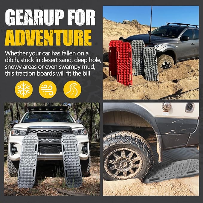 BUNKER INDUST Off-road Traction Boards with Jack Base,Pair Recovery Track 4X4 Jeep Truck Emergency Tire Traction Mat with Bag -Sand, Mud, Snow Tracks Grey Traction Pad (Gen 7th)