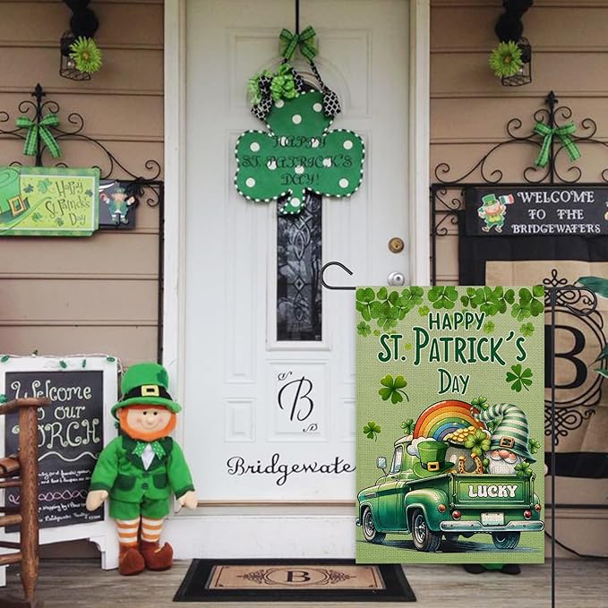 Happy St Patricks Day Garden Flag 12x18 Inch Double Sided Lucky Clovers Shamrocks Gnome Rainbow Truck Outside Small Flag for Yard Outdoor Holiday Decoration