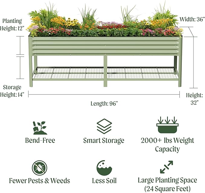 Elevated Raised Garden Bed- Jumbo Series, 3' x 8' Outdoor Planters Boxes with Legs & Storage Rack for Patio, 2000+ Lbs Weight Capacity, Raised Beds for Gardening Herbs Vegetables Flowers, Pearl White