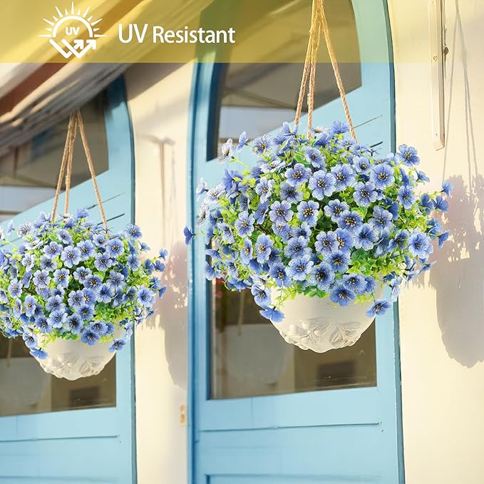 ATTGREAT Artificial Flowers Outdoor Faux Plants UV Resistant Fake Patio Flowers Plastic Greenery Plnats Outside Bulk for Spring Garden Hanging Planter Home Vase Decor, 12 Bundles (Blue)