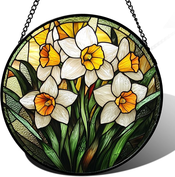 AMDERVEN Stained Glass Window Hanging, Yellow and White Daffodils Sun Catcher for Door Home Decor Plants Flowers Suncatcher Christmas Mother's Day Birthday Gifts for Women Men Mom Nana 6.3 in