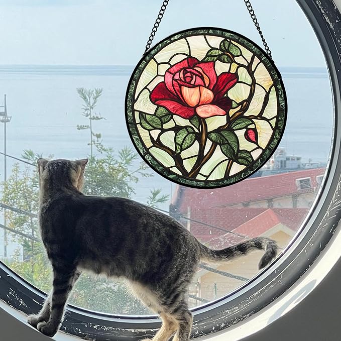 AMDERVEN Stained Glass Window Hanging, Red Rose Flowers Sun Catcher for Door Garden Home Decor Suncatcher Christmas Mother's Day Birthday Gifts for Women Lovers Men Wife Girlfriend Mom Nana 11.8 in