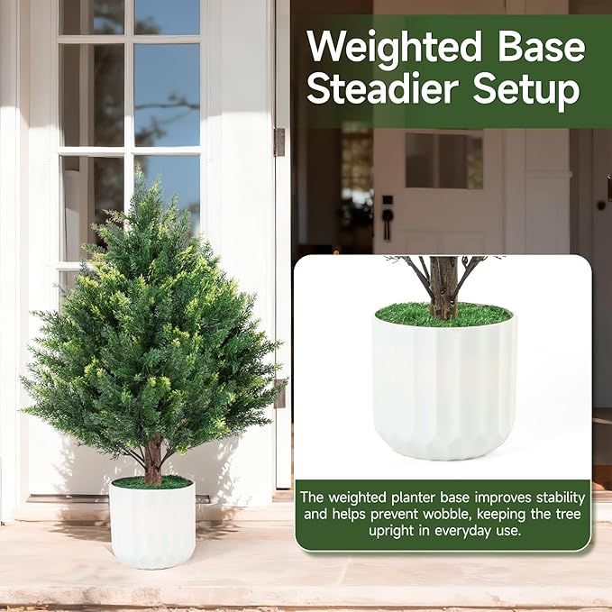 Gladeup 2FT Artificial Cedar Topiary Trees Set of 2 Detachable Planter & Spike,UV Resistant Faux Plants Outdoor and Indoor,Realistic Fake Bushes Pine Tree for Front Porch Decor Patio Offices Green