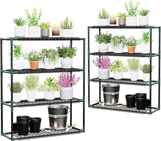Joyside Outdoor Plant Shelves, 4 Tier 2 Pack Metal Stable Greenhouse Shelving for Home, 34x12x40 Inch Portable Plant Shelf Greenhouse Accessories (4 Tier)