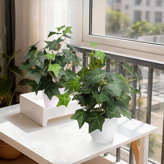 alyptus Fake English Ivy Plants in Pots Set of 2 – Realistic Artificial Ivy Greenery for Home Decor, Tabletop, Office, Shelf, Balcony or Bathroom - Green with White Pots