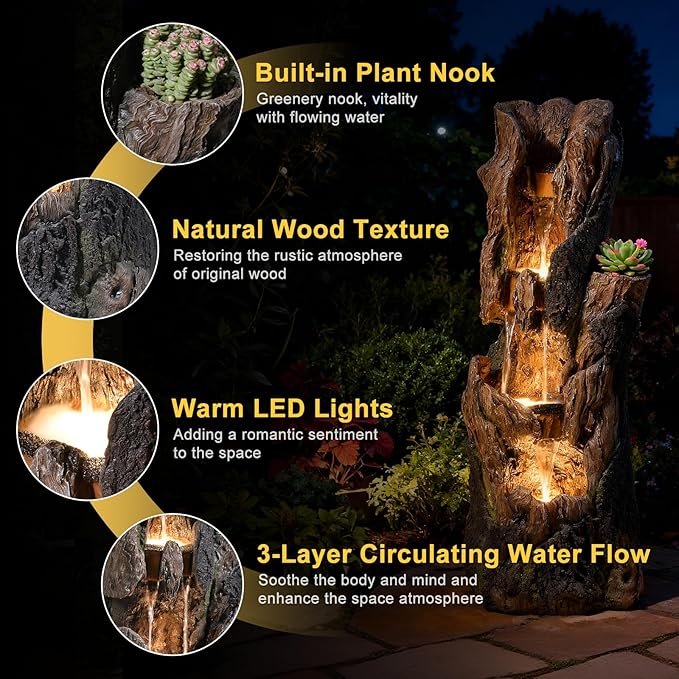 Water Fountain Outdoor 4 Tier Large 43.7 in High Cascading Wood Waterfall with LED Lights, Realistic Tree Sculpting Natural Waterfall Outdoor Fountain for Yard, Garden, Patio, Porch
