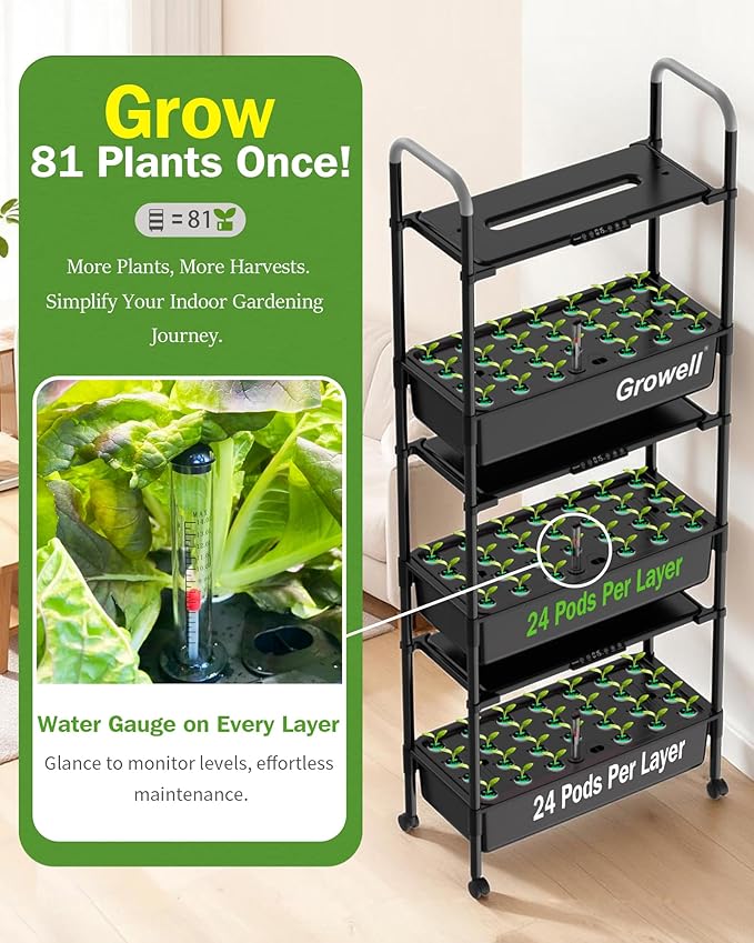 Large Hydroponics Growing System Kit, Vertical Indoor Herb Garden Kit with LED Grow Light & Independent Water Pump, 42L Movable Indoor Planter Perfect Gardening Gifts (3 Tier-81 Pods Black)