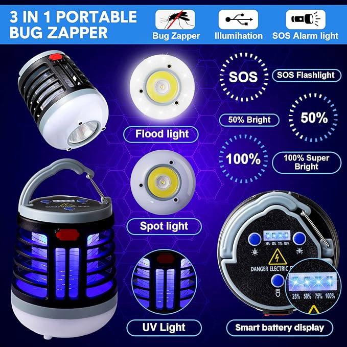 2 Pack 3 in 1 Bug Zapper USB Rechargeable Mosquito Killer Portable Waterproof Mosquito Repellent Outdoor Indoor LED Lantern Bug Zapper Camp Light SOS Emergency Light for Home, Backyard (2, Black)