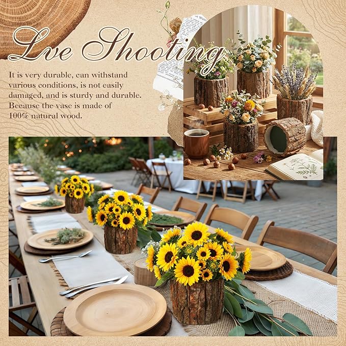 6 Set Wooden Vase for Centerpieces Wooden Flower Vase with Flower Mud Rustic Bark Stump Buckets Vintage Wood Planter Pots for Woodland Party Wedding Window Home Farmhouse Table Decor