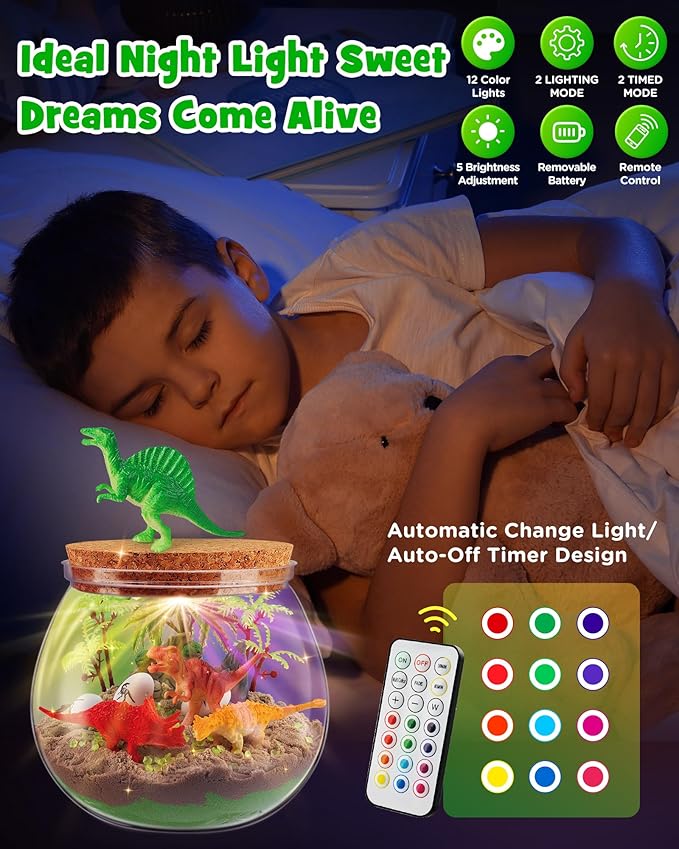 D-FantiX Dinosaur Toys Terrarium Kit for Kids, LED Dino Night Light, DIY Arts and Crafts Science Projects Kit, Birthday Gifts for Boys Age 3 4 5 6 7 8-12 Year Old