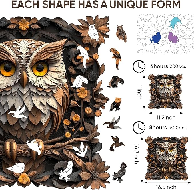 Qiuenisray Wooden Puzzles for Adults, Metal Owl Jigsaw Puzzles 200 Pieces, FSC Certified Unique Animal Adult Wood Puzzles Pieces, Creative Gift for Family Game 11.2x11.1 in